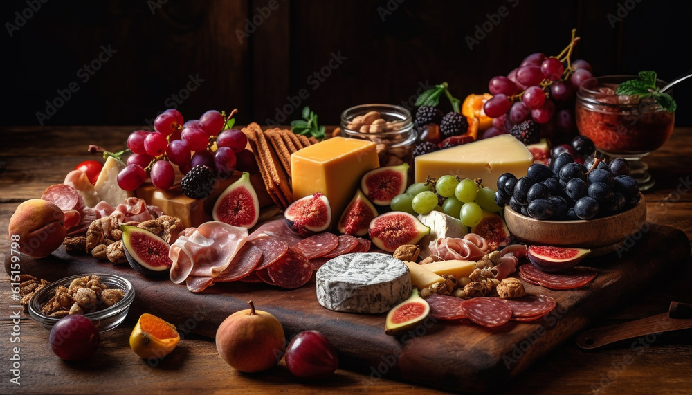 A rustic table spread with gourmet appetizers and French desserts generated by AI