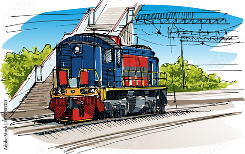 An old diesel locomotive stands on the tracks of a provincial railway station - a hand-drawn sketch