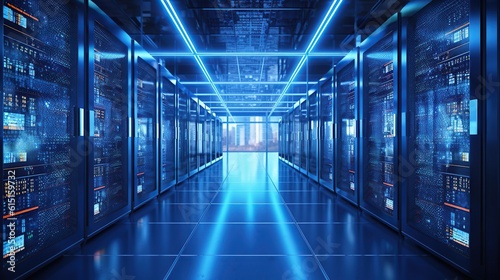 data server rack room with big data computer center blue interior for hardware