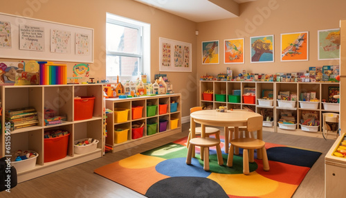 Cheerful preschool boys and girls playing with multi colored toys indoors generated by AI