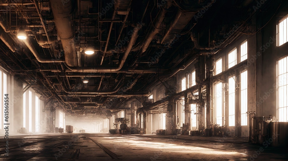 天井の鉄パイプが印象的な工場内に光が差すのイラスト　generative ai