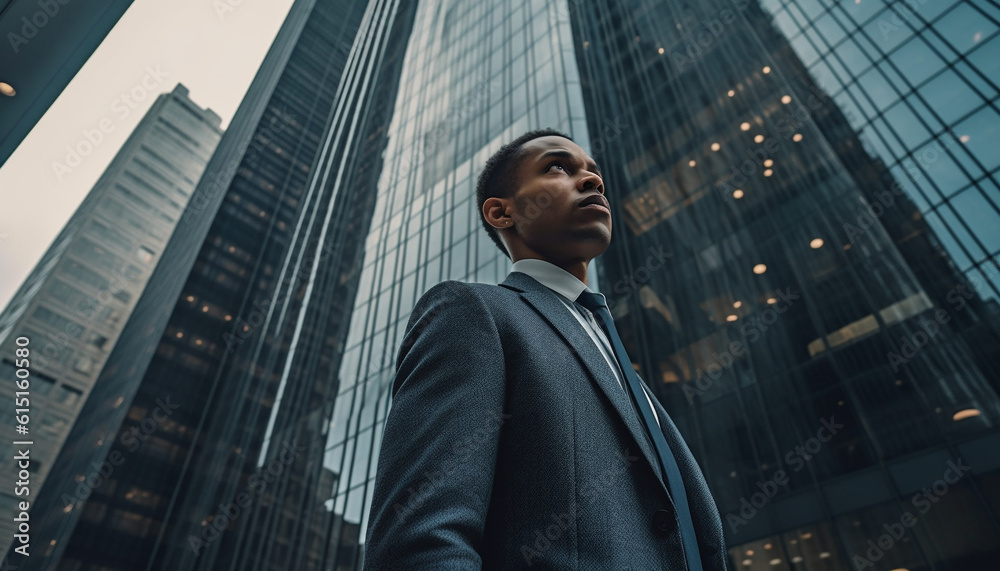 Fototapeta premium Confident businessman standing in front of skyscraper, looking successful generated by AI