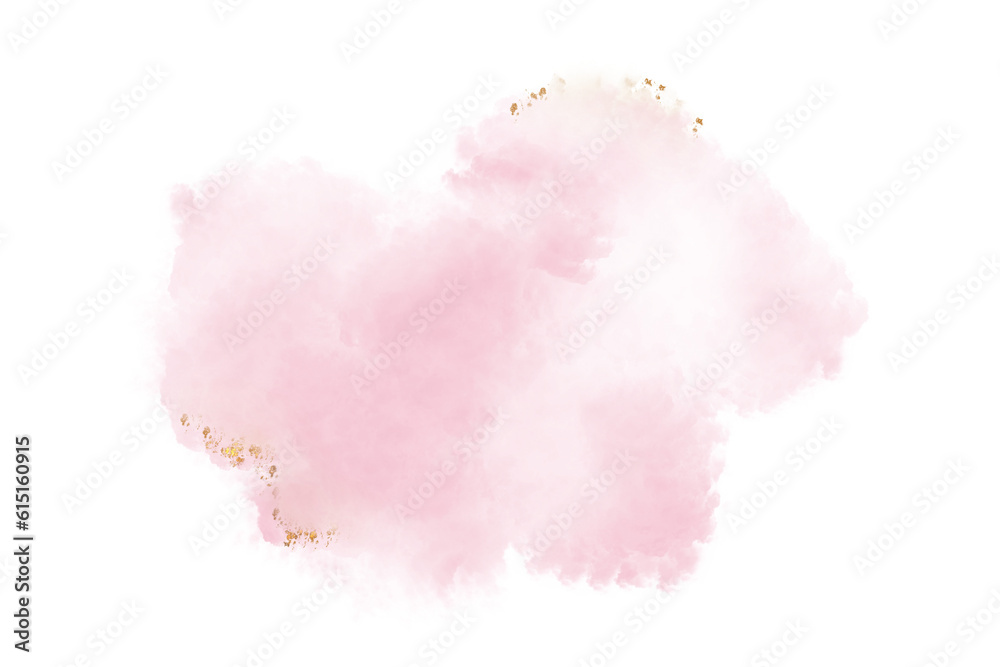Pink color vector hand drawn watercolor liquid stain with golden glitters. Abstract aqua smudges scribble drop element for design, illustration, wallpaper, card