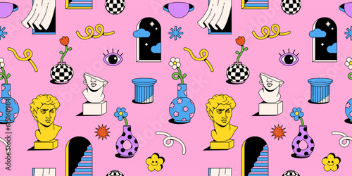 Surreal psychedelic cartoon sticker pack. Cartoon flowers and vase, abstract shapes clouds, greek sculpture and statue, arch, window, column in trendy playful cartoon style. Vector illustrations.