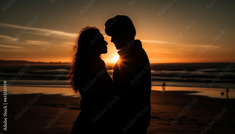 A romantic sunset embrace between a happy, loving couple outdoors generated by AI