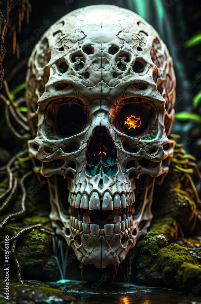 Free photo Human skull New dark background and 3d render colorful green leaves Halloween concept Background
Free photo Human skull New dark background and 3d render colorful green leaves Halloween concept Background