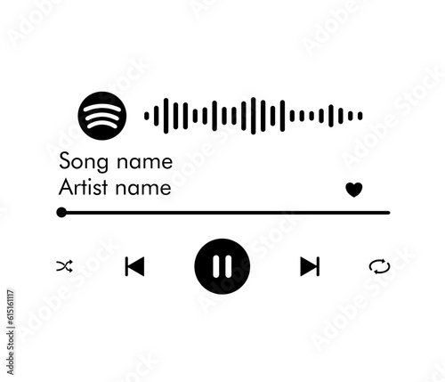 Vector isolated music audio player template with equalizer, song name, artist name, heart like symbol, audio track, slider, buttons play, pause, next, repeat, mix. Template for laser engraving