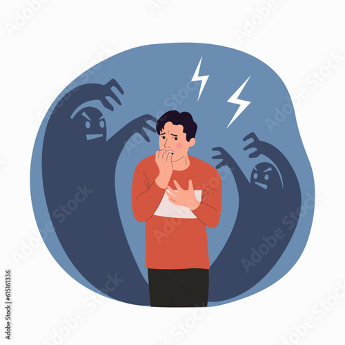 Young man experiences fear, fright, stress. Phobia night monster. Vector flat style cartoon illustration.