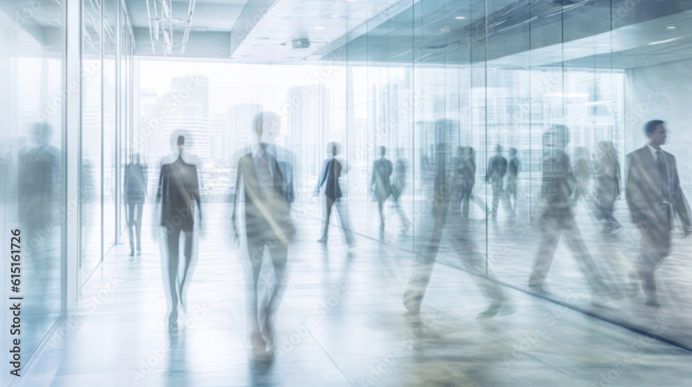 A modern blurred background of silhouetted business people walking through a bright office.