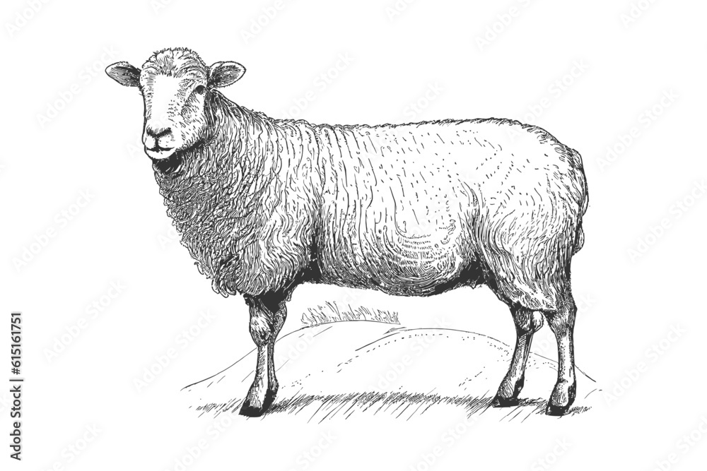 Fototapeta premium Farm sheep sketch hand drawn side view Farming. Vector illustration desing.