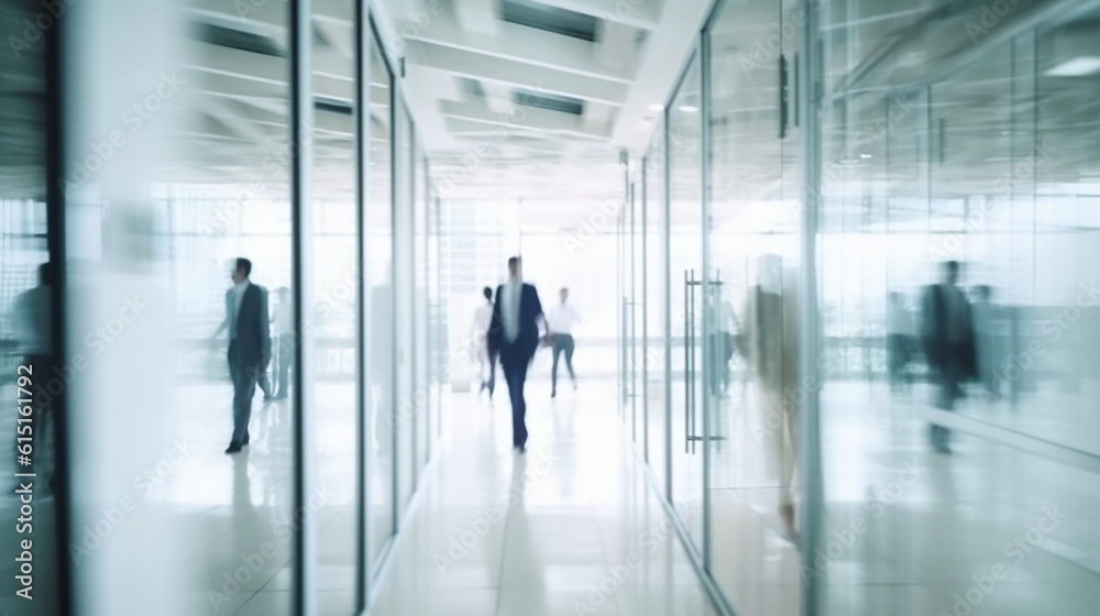 People walking in the corridor of an business center, pronounced motion blur. Generative AI.