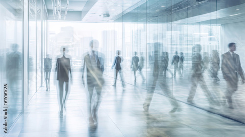 A modern blurred background of silhouetted business people walking through a bright office.
