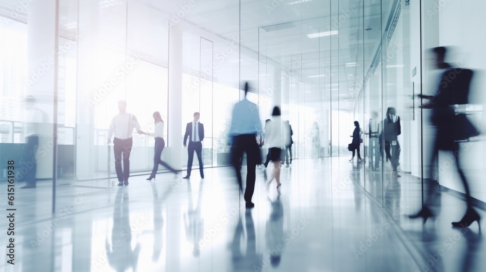 People walking in the corridor of an business center, pronounced motion blur. Generative AI.