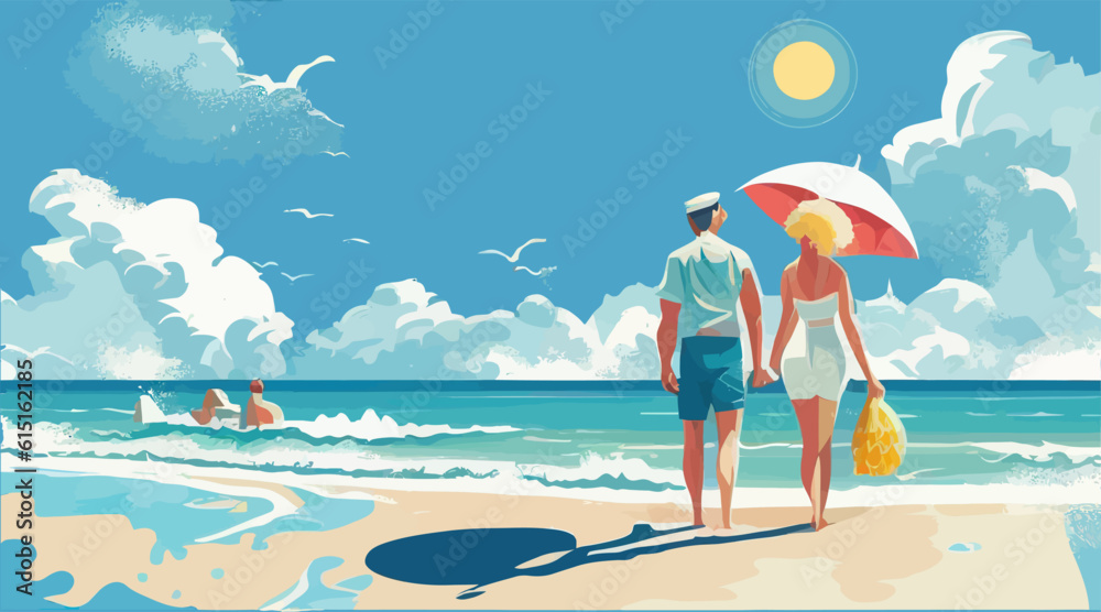 Summer background with sea beach and couple in love. Vector illustration desing.