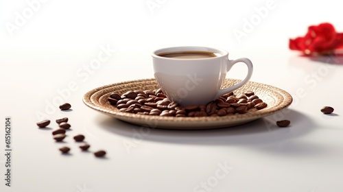 view of coffee in white cup with coffee beans. generate ai