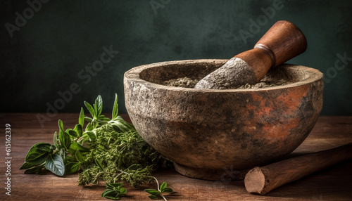 Fototapeta Naklejka Na Ścianę i Meble -  Fresh herbs and spices crushed in rustic mortar and pestle generated by AI