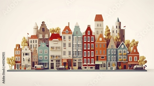 Panoramic Charming European Old Town: Colorful Neighborhoodscape