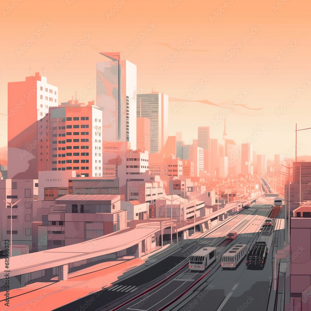 Ambient Glow: Vibrant City Scape and Sky Train in Pink and Warm Tone Sunset