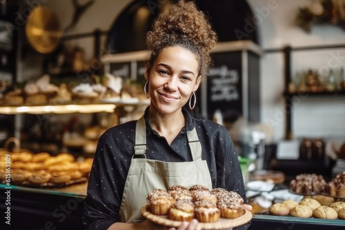 Happy small pastry and coffee shop owner  smiling proudly at her store. Cheerful female baker working at her shop