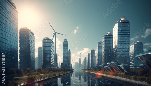 Wind turbines power city growth, reducing pollution and conserving environment generated by AI © Stockgiu