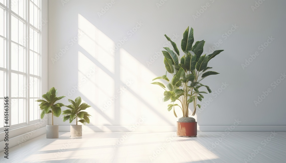White empty room with plant and sunlight.3d rendering White empty room with plant and sunlight.3d rendering