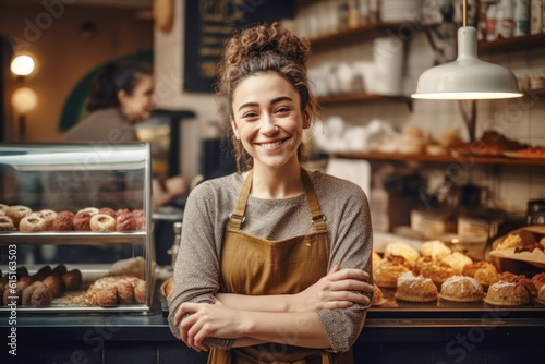 Happy small pastry and coffee shop owner, smiling proudly at her store. Cheerful female baker working at her shop