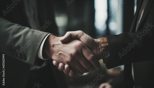 Two businessmen shaking hands in successful business agreement indoors generated by AI