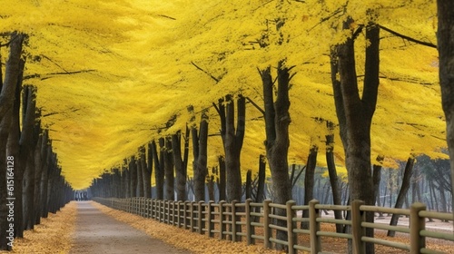 rows of beautiful yellow ginkgo trees. generative AI