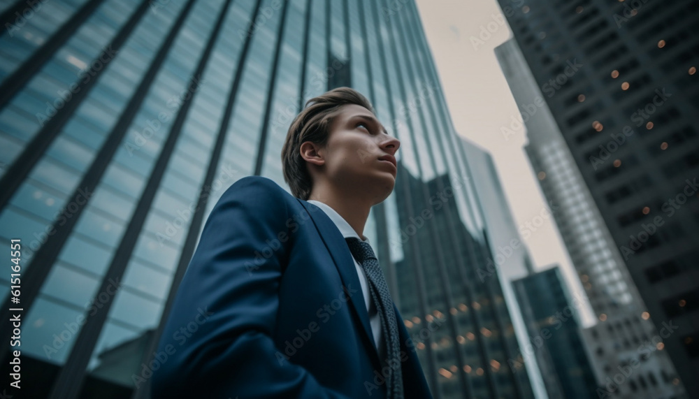 Confident white collar worker walking in financial district skyscraper generated by AI Confident white collar worker walking in financial district skyscraper generated by AI