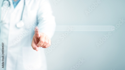 Doctor pressing by finger to find inforamtion on virtual search bar wtih copy space background. Medical assistance and emergency on online internet concept. Website and home page research button