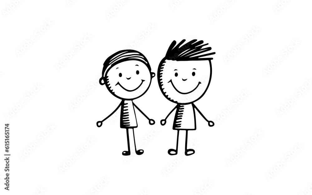 Two happy kids doodle line art illustration with black and white style for template. Two happy kids doodle line art illustration with black and white style for template.