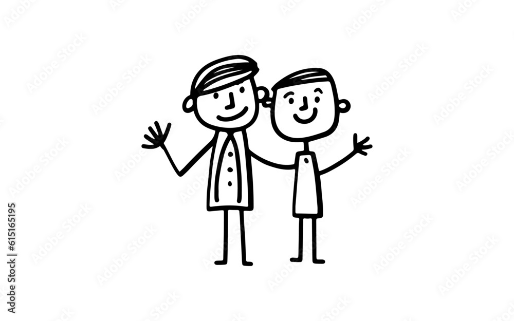 Two happy people doodle line art illustration with black and white style for template.
