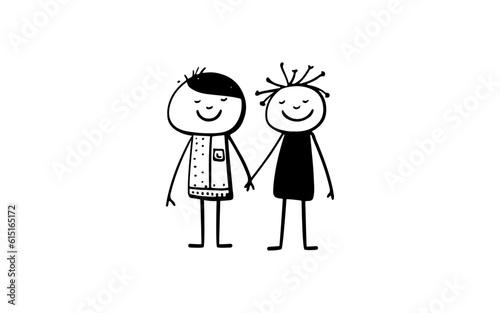 Two people relationship doodle line art illustration with black and white style for template.