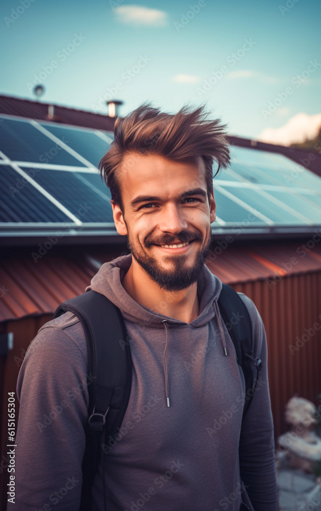A young man standing in front of his photovoltaic system