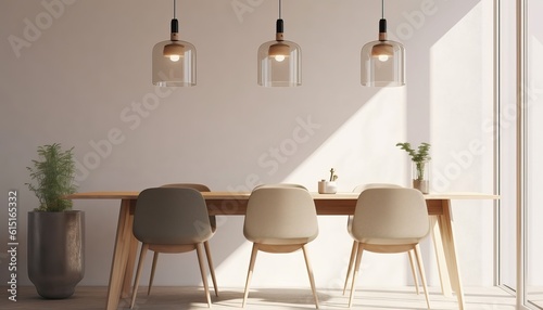 Detail of modern dining room interior minimal style.Chairs table glass vase and ceiling lamp with sunlight on white wall background.3d rendering