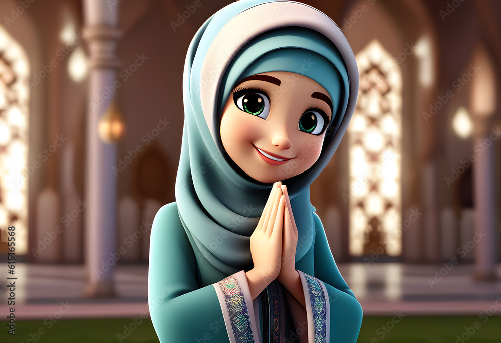 3d character muslim hijab girl pray at mosque 3d character muslim hijab girl pray at mosque