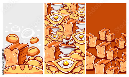 Set of vector patterns in cartoon style on the theme of bakery, muffins, khachapuri and lettering.