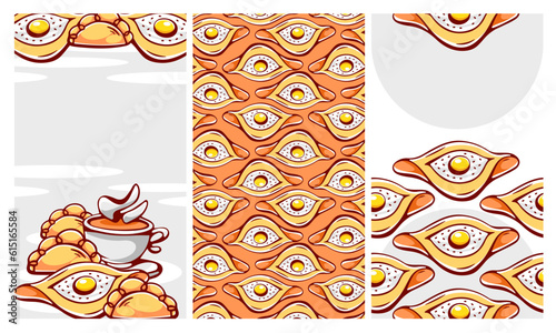 A set of vector patterns in cartoon style on the theme of khachapuri pies.