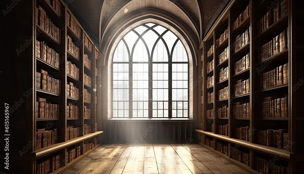 Light coming through arched window in library or reading room with many old books.Vintage style.3d rendering