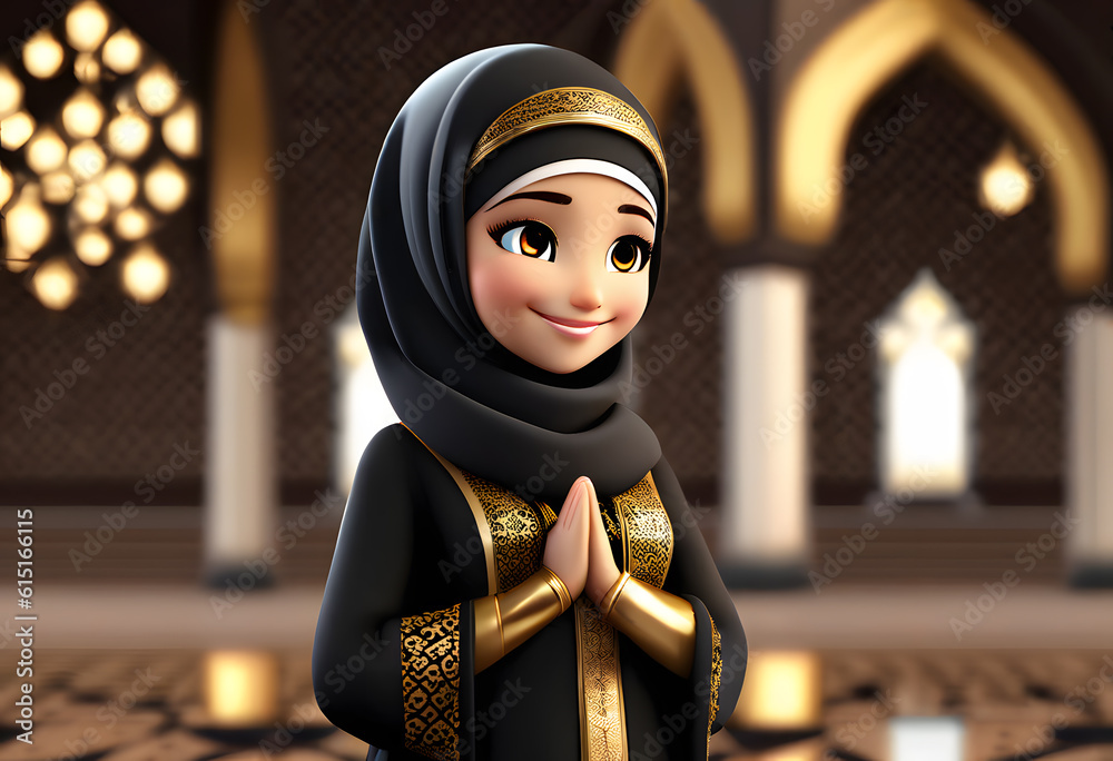 3d character muslim hijab girl pray at mosque 3d character muslim hijab girl pray at mosque