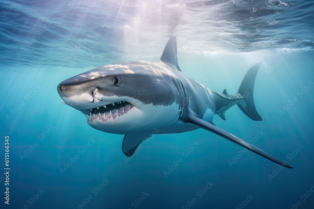 Fototapeta premium Shark attack concept. Large wild shark in the ocean, close-up. Generated by AI.