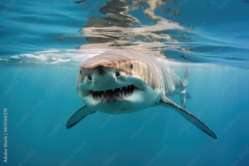 Fototapeta premium Shark attack concept. Large wild shark in the ocean, close-up. Generated by AI.