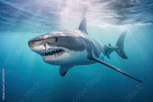 Shark attack concept. Large wild shark in the ocean  close-up. Generated by AI.