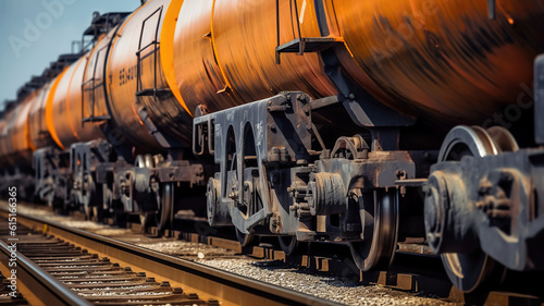 Freight train with oil-carrying wagons. Transportation of fuels and lubricants. Transportation of oil by rail.