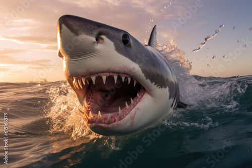 Shark attack concept. Large scary shark s mouth jumps out of the ocean. Generated by AI.