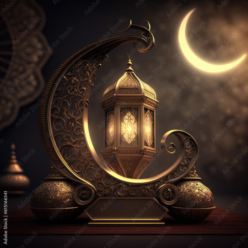 Eid Illuminations, Minimalistic Stock Photo Illustration with Crescent Moon and Light Lanterns