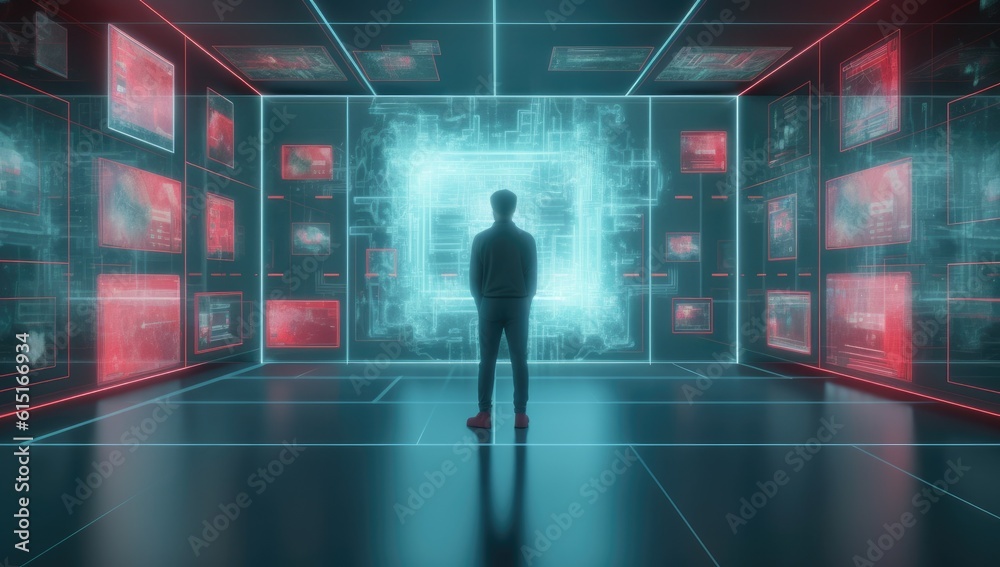 Man in virtual reality world simulator surrounded with network connections