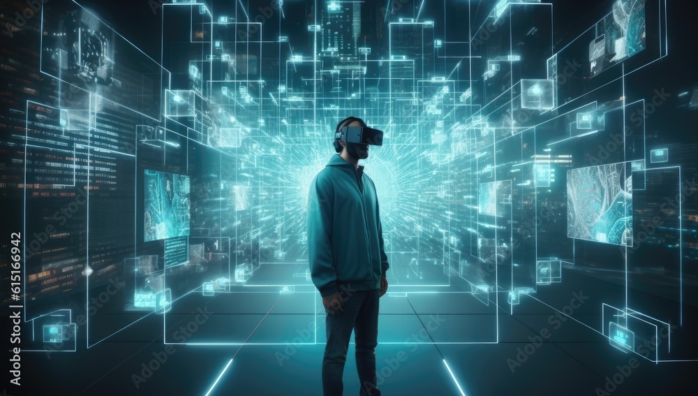 Man in virtual reality world simulator surrounded with network connections
