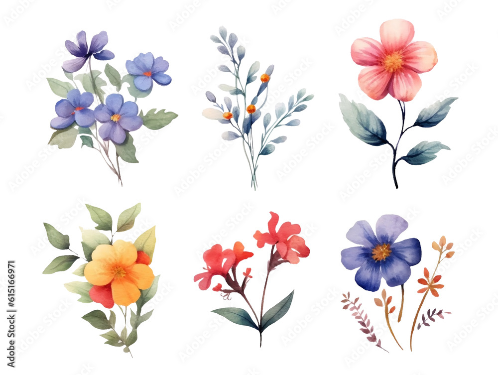 Fototapeta premium Collection of Watercolor Floral Arrangements for Greeting Cards, Invitations, Crafts, and Journals. Generative AI
