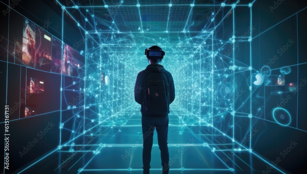 Man in virtual reality world simulator surrounded with network connections Man in virtual reality world simulator surrounded with network connections